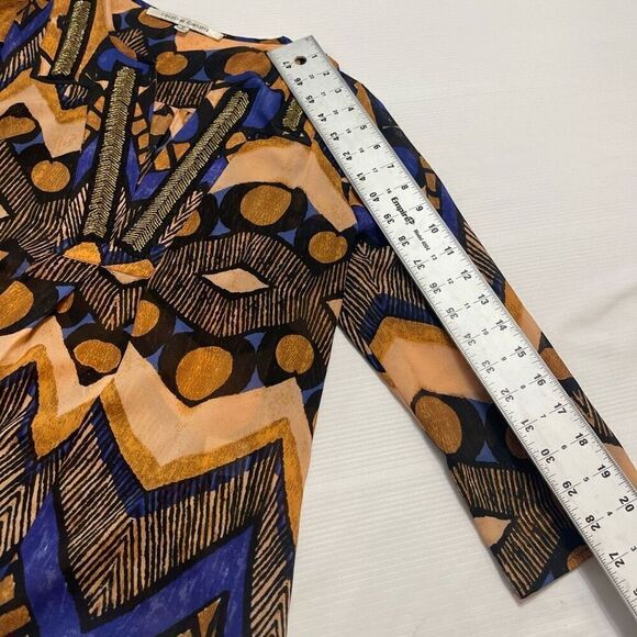 Collective Concepts Beaded Flowy Top Blouse Womens Small Blue Purple Tan Gold - Picture 5 of 10